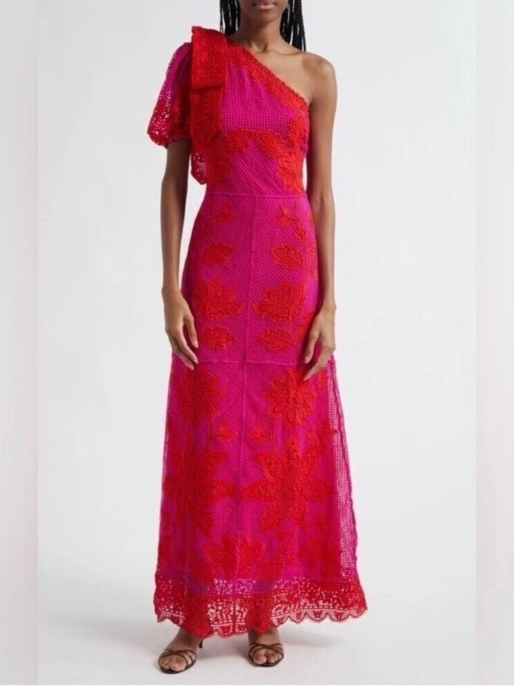 FARM Rio One Shoulder Guipure Lace Maxi Dress Fuchsia Floral